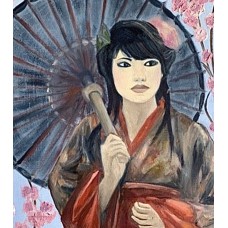 Japanese Girl in a Cherry Blossom Garden – Original Oil Painting on Canvas by Marina Stognieva